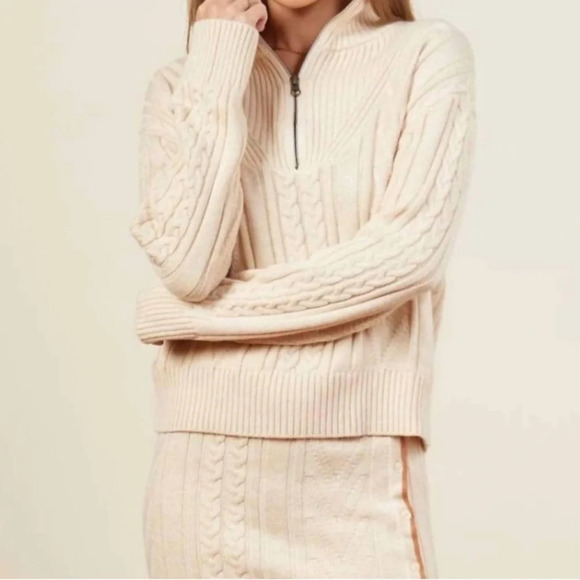 Monrow Cable Knit Half Zip Sweater Cream Large - Picture 2 of 12